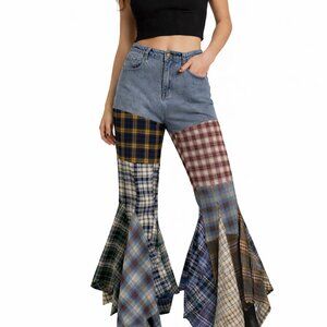 Rehab Lab Patchwork Plaid Flare Jeans M Y2K Grunge Boho Statement Denim